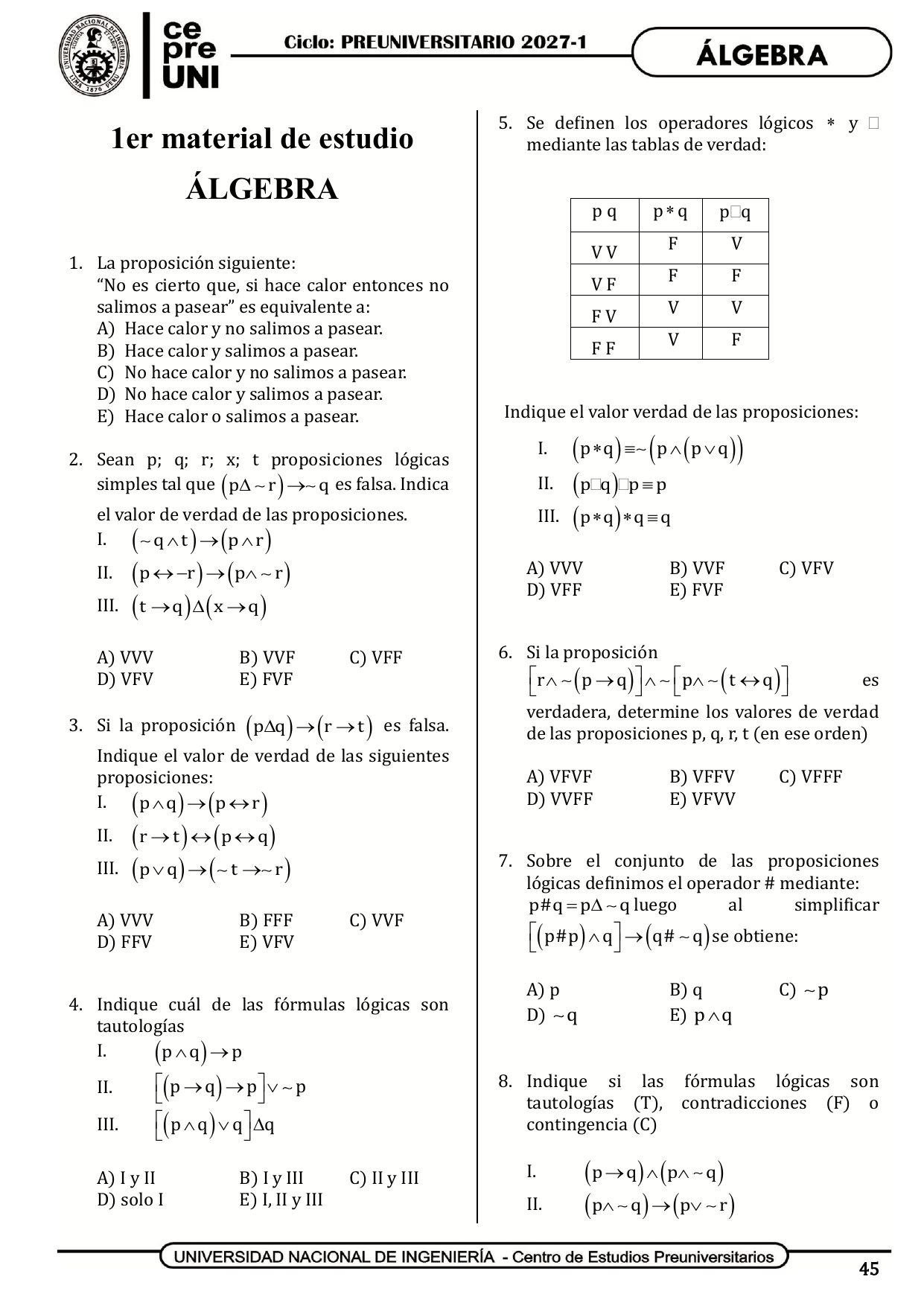 Vista previa de la carátula de Álgebra Libro 1, primer material CEPREUNI 2027-1