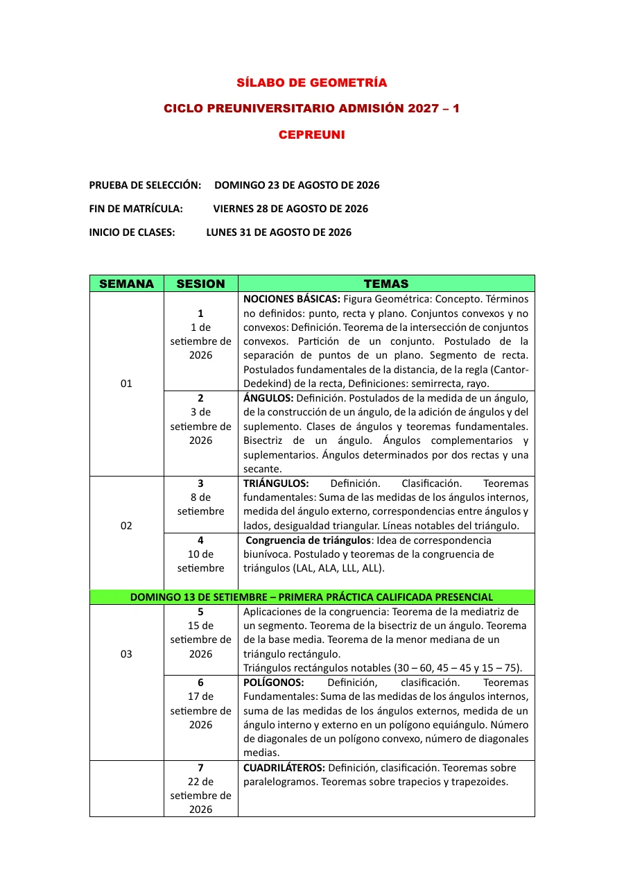 Vista previa del sílabo de Geometría PRE 2027-1